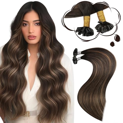 Image of Moresoo K Tip Hair Extensions Real Human Hair Brown Chestnut Ombre, 22 Inch | 50g 50 strands, extended straight length, flexible strand placement for photoshoots, parties and styled looks