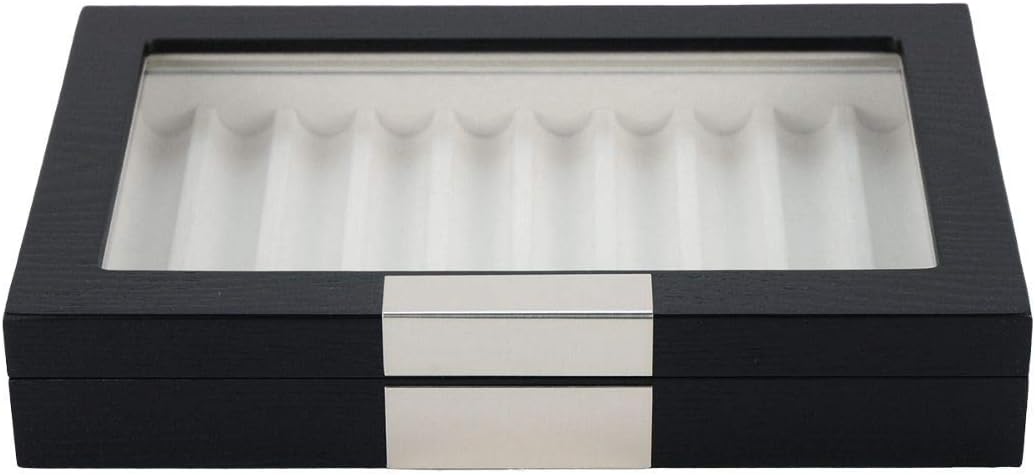 TIMELYBUYS 10 Piece Black Ebony Wood Pen Display Case Storage and Fountain Pen Collector Large Organizer Box with Glass Window Display Case