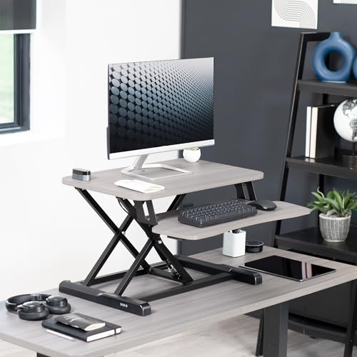 Image of VIVO 26 inch Desk Converter, K Series, Height Adjustable Sit to Stand Riser, Dual Monitor and Laptop Workstation with Keyboard Tray, Gray Top, Black Frame, DESK-V026KG