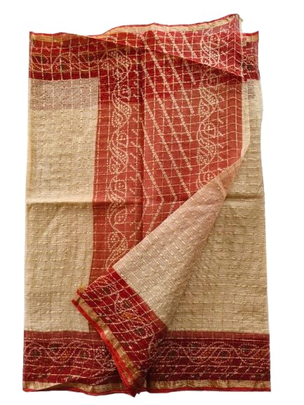 Womens Saree Kota Doria Pure Cotton Bandhani Printed Gharchola Zari Woven Red Beige Color Without Blouse-image-40
