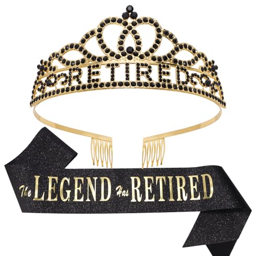 SuPoo Retirement Party Decorations Retired Sash for Women Black Gold Retired Tiara Crown Rhinestone Headband Retirement Gifts The Legend Has Retired Sash for Both Women and Men Party Supplies Favors