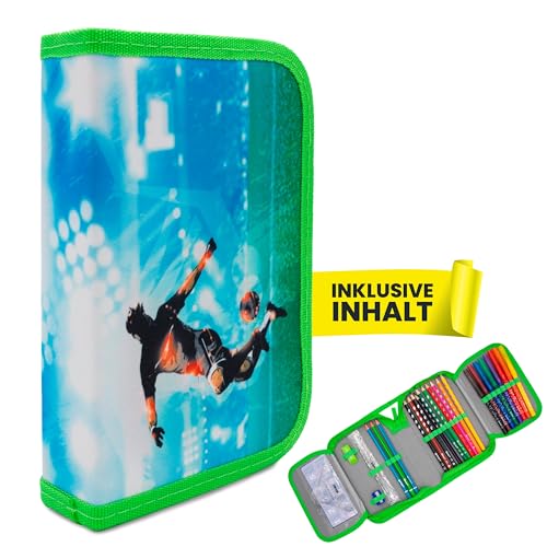 itenga Schüler-Etui 28 teilig gefüllt 1-Zipper Federmäppchen für Jungen und Mädchen (Fussball)