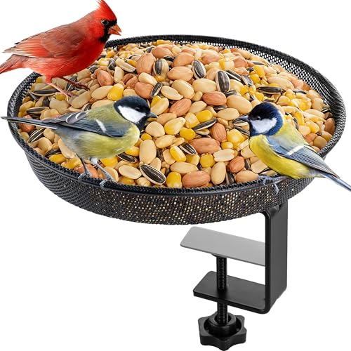 iBorn Deck Bird Feeders for Outdoors Platform Bird Seed Tray with 5.5 lbs Capacity Balcony Porch Railing Bird Feeder Drainage Mesh Holes Tilt-Proof Windproof Anti-Loosen Easy to Refill&Clean Black