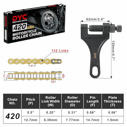 Image of DYC 420 Gold Chain 132 Links with 5 Master Links and Chain Breaker Tool | Gold 420 chain kit for mini bikes pit bikes ATVs and go karts using 420 sprockets