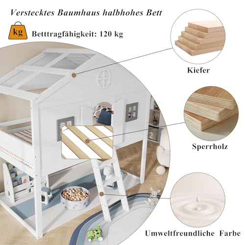 Merax Hochbett 90x200cm, Kinderbett Etagenbett mit Sicherheitsleiter, Rausfallschutz & Lattenrost, Hausbett mit Dach & Fenster, Platzsparendes Stockbett Jugendhochbett, Unterhaltungsbereich, Weiß