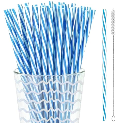 50PCS Reusable Drinking Straws for Summer Beach Pool Birthday Party Supplies Decorations - ExtraThick Hard Blue Striped Plastic Straw for Holiday Tropical Luau Theme Party Favors Decor Dishwasher Safe