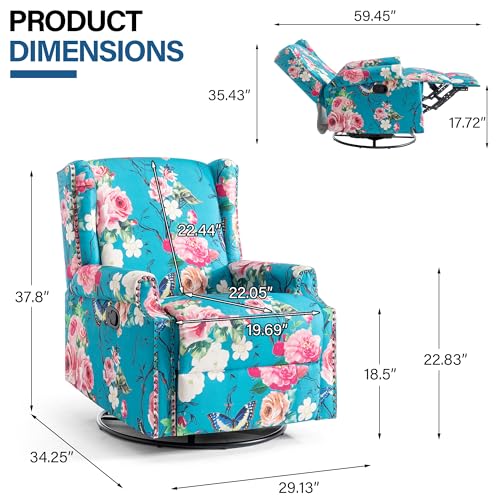 Image of Swivel Rocker Recliner Chairs Set of 2, 360 Swivel Wingback Recliner Chairs for Adults, Upholstered Printed Fabric Glider Rocking Chair with High Back, Deep Seat for Living Romm Bedroom, Peacock Blue