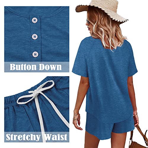 Image of WIHOLL Two Piece Outfits for Women Lounge Sets Button Down Top and Shorts Set Sweatsuits with Pockets