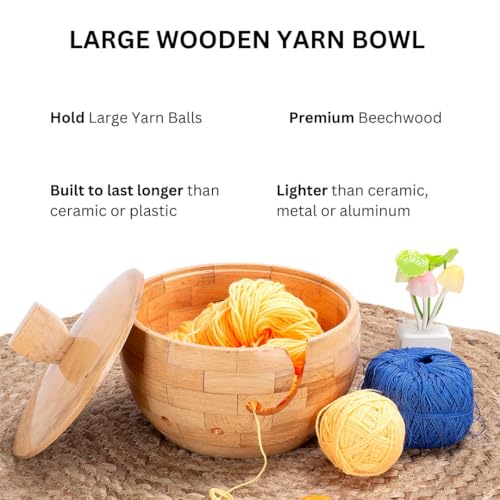 Image of Wooden Large Yarn Bowl with Lid (7.5x4.5) - Yarn Holder with Cover for Crocheting & Knitting - Crochet Bowl with Handle & Hooks - Gift for Crafters