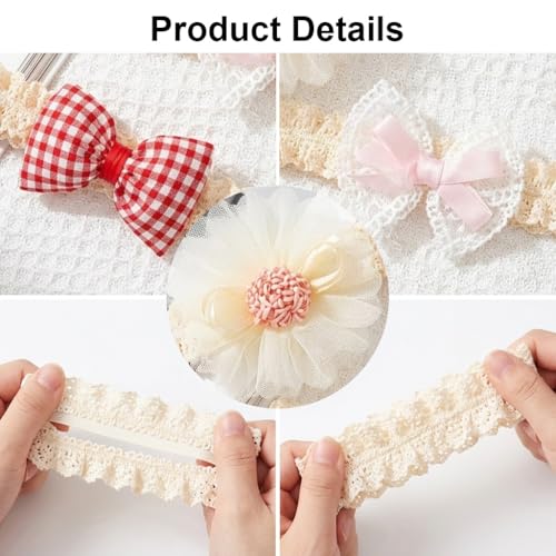 Image of SNOWIE SOFT 3-Piece Baby Girl Lace Headband Set with Tulle Flower, Pink Satin Bow & Red Gingham Bow Soft Stretch Elastic Hair Accessories for Newborns & Toddlers, Photo Props, Parties & Everyday