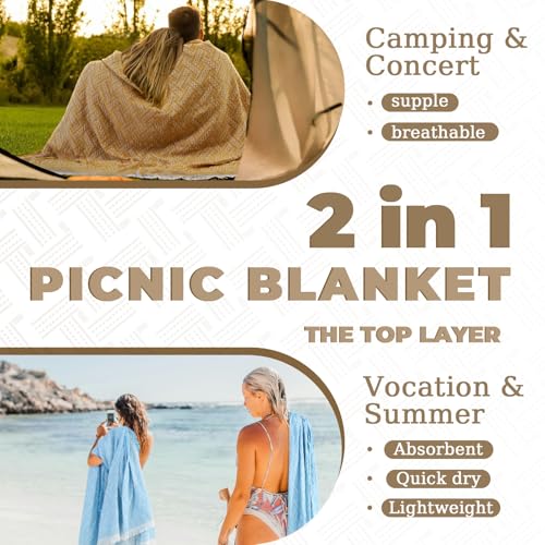 Genovega 2 in 1 Extra Large Outdoor Picnic Blanket Waterproof Woven Boho Mat Giant Beach Towel Travel Essential Yoga Accessories Park Patio Lawn Garden Grass Ground Music Festival Concert Must Have