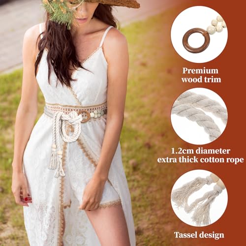 Women Tassel Braided Waist Belt, Women's Skinny Tassel Waist Belts with Wooden Beads Waist Belt Rope Chain, Trendy Boho Thin Belts White Thin Woven Waist Rope Belt for Dresses Skirts Tunics4