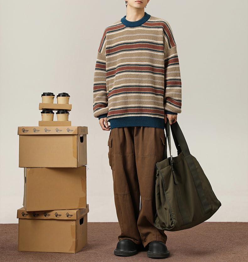 POHADON Mens Y2k Striped Sweater Vintage Aesthetic Grandpa Knitted Pullover Tops Long Sleeve Crewneck Women Grunge Clothes - Image 4