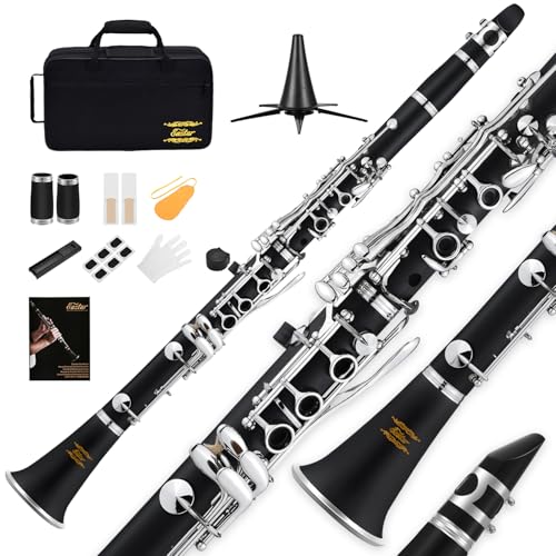 Clarinete plano Eastar B para principiantes, clarinete de ebonita niquelado con 2 barriles, 3 lengüetas, guantes blancos, estuche rígido, Kt de limpieza, ECL-300