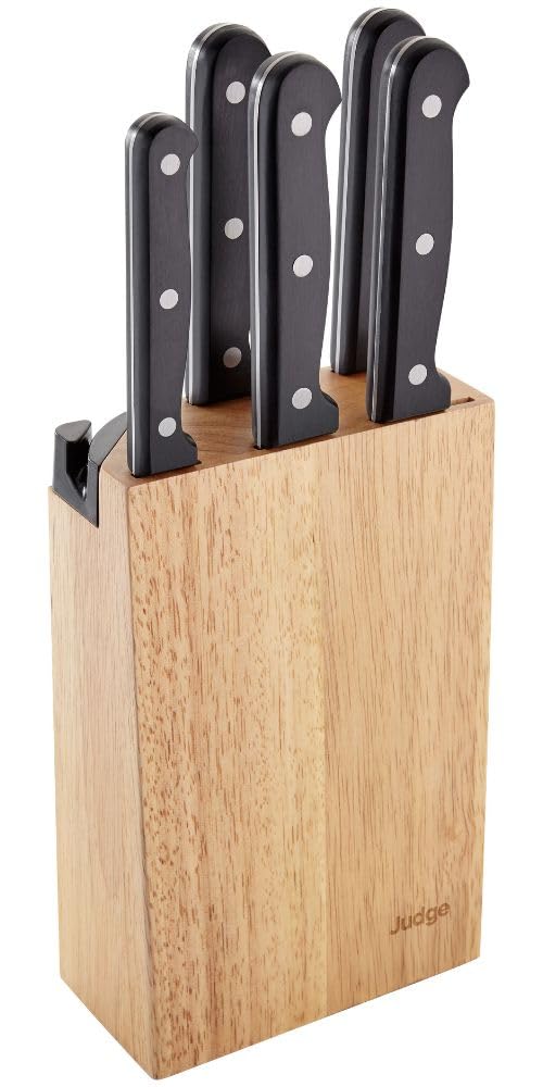 Kitchen Knife Set Block with Knives and Knife Sharpener - 5 Piece Quality Stainless Steel, Razor Sharp Blades, Full Length Riveted Handles