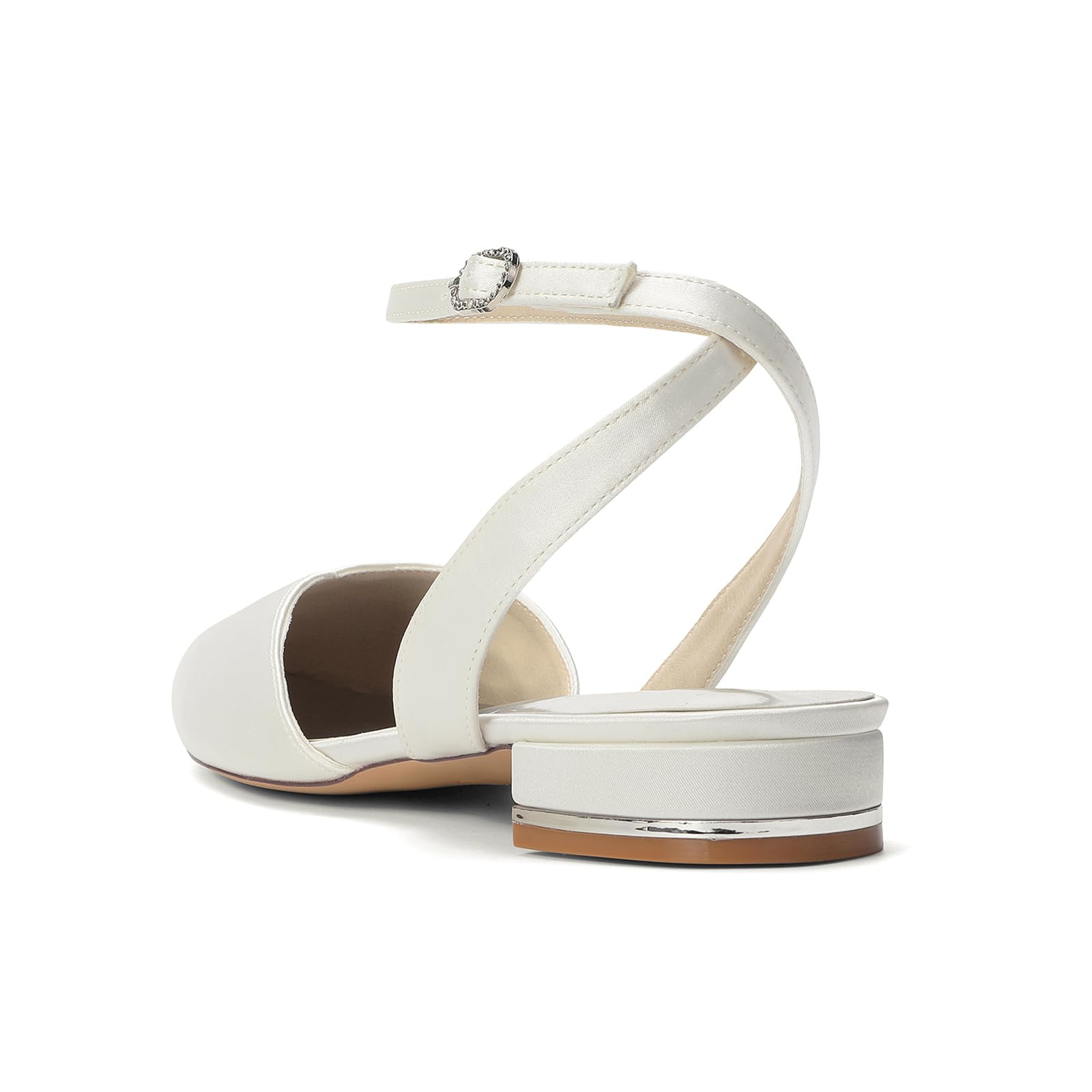 Scarpe da Sposa Donna Basse in Raso Avorio, Slingback Bianco Punta Ballerine Eleganti con Cinturino alla Caviglia e Fibbia di Strass Décolleté per Cerimonia e Sera