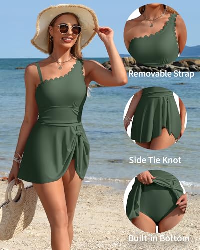 Image of Charmo One Shoulder One Piece Swimsuit Women Tummy Control Bathing Suit with Skirt Tie Knot Cute Scalloped Swimdress