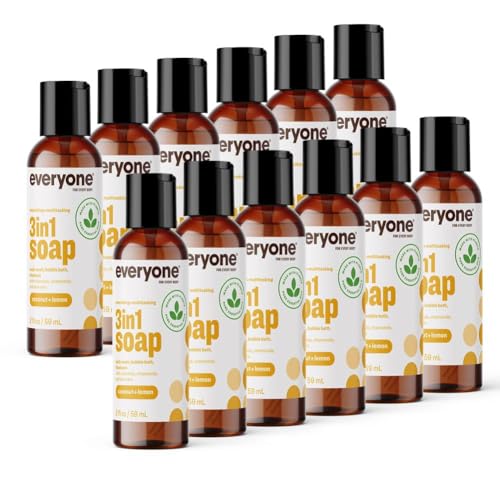 Image of Everyone 3-in-1 Soap Body Wash, Bubble Bath, Shampoo, Travel Size, 2 Ounce (Pack of 12), Coconut and Lemon, made with Essential Oils for Men and Women | Travel toiletries set | natural essential oils | bulk pack of 12 | men and women | gym bag | hotel | flights