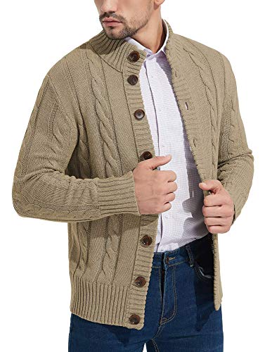 Nitagut Mens Long Sleeve Stand Collar Cardigan Sweaters Button Down Cable Knitted Sweater,Khaki,X-Large #TOP2