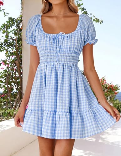 Women's 2025 Summer Puff Short Sleeve Plaid Mini Dress Boho Square Neck Ruffle A Line Swing Short Dresses2