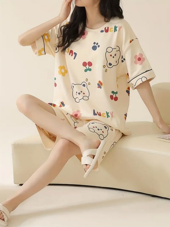 Image of Lunza Women's Cotton Blend Pajama Set, Short Sleeve T-Shirt and Shorts, Cute Bear Print Nightwear