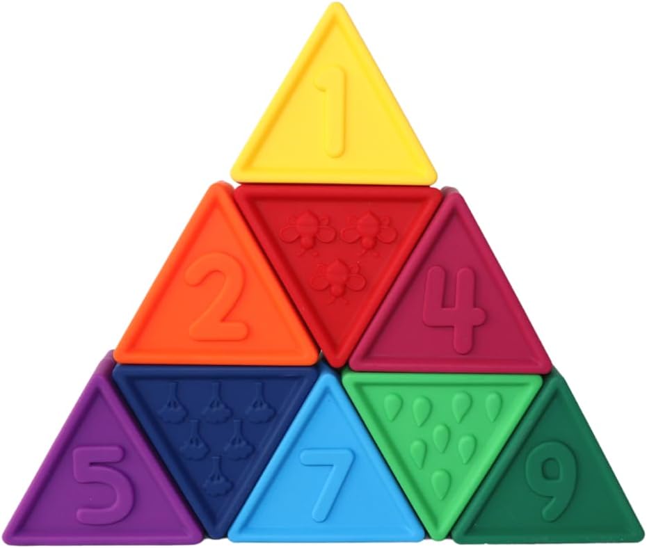 Triblox Rainbow, 9 Soft Silicone Triangle Blocks with Numbers and Illustrations - Counting, Building and Stacking Toy