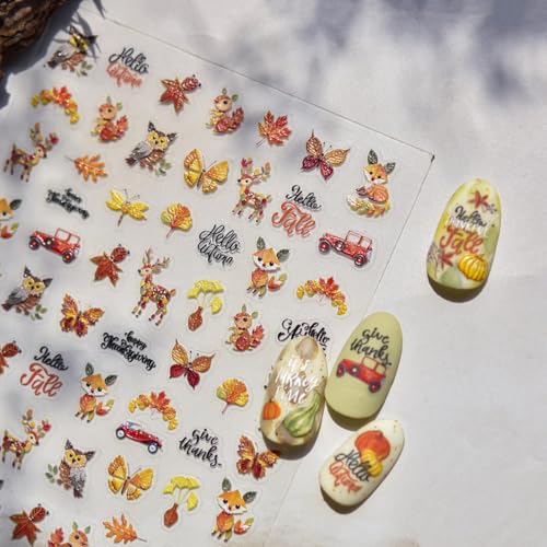 Image of Fall Leaf Nail Art Stickers Fox Deer Nail Decals for Nails Art Autumn Leaf with Design 5D Embossed Self Adhesive Nails Stickers for Women Girls Kid Manicure DIY Decoration