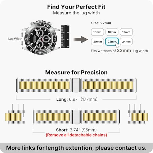 Image of Fullmosa 22mm Stainless Steel Watch Band, Quick Release Metal Replacement Strap with Removable Links, Includes Spring Bars & Link Removal Tool for Men Women (Silver+Golden)