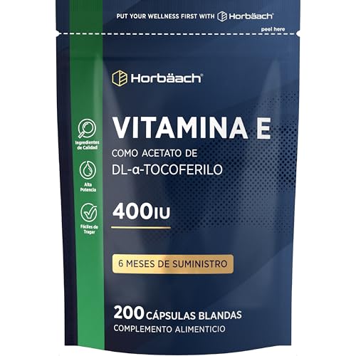 Imagen de Vitamina E Cápsulas 400 UI Pura 200 Perlas 6 Meses de Suministro Potente Antioxidante Natural de Acetato de DL-α-Tocoferol con Alta Absorción de Horbaach