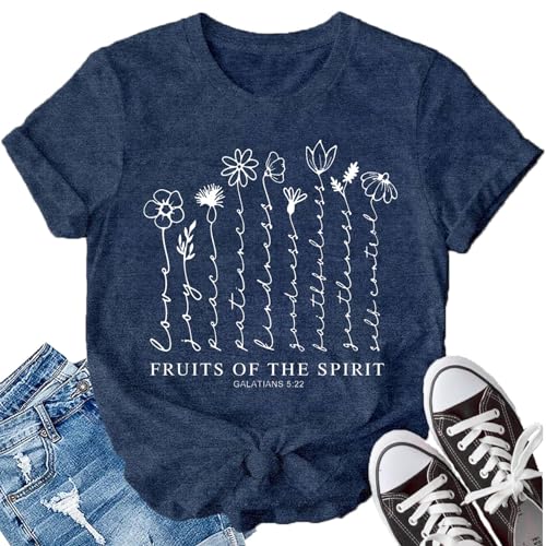 Christian Shirts for Women Fruit of The Spirit Shirt Love and Faith Tshirts Bible Verse Floral Casual Tee Blue