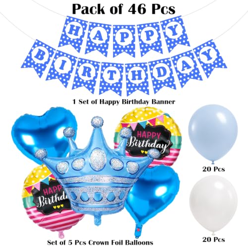 Image of Rozi Decoration Blue White Happy Birthday Decoration Kit Pack of 46 Pcs with Banner, Crown, Heart & Round Birthday Balloons and Latex Balloons for Birthday Party Decoration