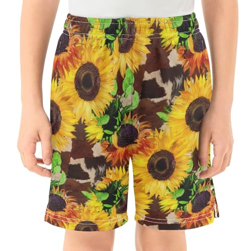 CHIFIGNO Sunflowers Brown Boys Casual Shorts Above-The-Knee Boys Casual Shorts for School with Pockets XS2