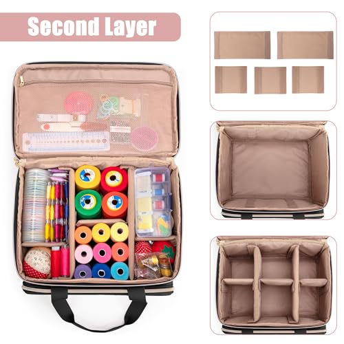 Image of YARWO Double-Layer Sewing Supplies Organizer Bag with 5 Detachable Dividers | Portable Sewing Accessories Storage Case, Multi Pockets for Sewing Kits & Tools, Top Handle, Gifts for Sewing Beginner, Black