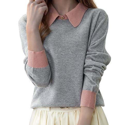 LAI MENG FIVE CATS Women's Polo Contrast Collar Knitwear Casual Long Sleeve Patchwork Pullover Blouse Top