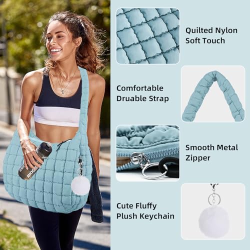 Image of Quilted Tote Bag Hobo Bags for Women Slouchy Tote Bag Puffy Crossbody Bags Light Blue
