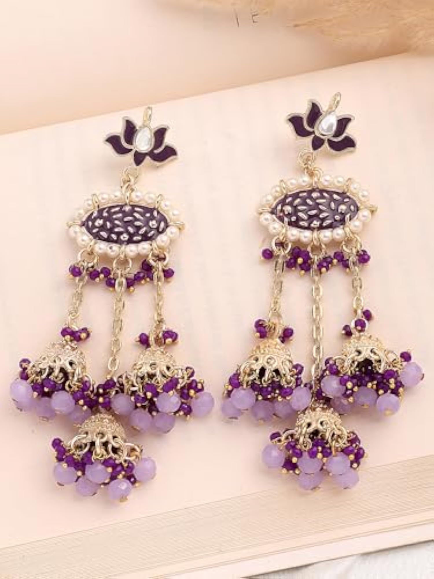 Gold-Plated Enamel Crystal-Studded Kundan Tassel Earrings