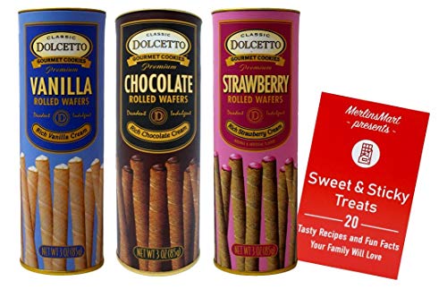 Dolcetto Cream Filled Rolled Wafers Gourmet Cookies 3 Flavor (1) each: Rich Vanilla, Rich Chocolate, Rich Strawberry (3 Ounces) Plus Recipe Booklet Gift Bundle