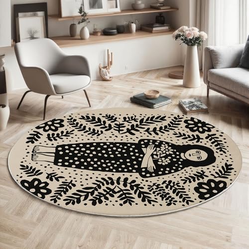 Tapis rond 120cm style art populaire noir avec imprimé de femmes africaines pour salon - 5