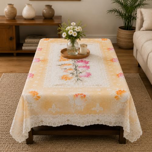 Image of STITCHNEST Florenza Orange Cotton Net Table Cover 40x60 Inches