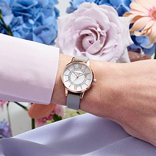 Image of Olivia burton Wonderland Qtz Basic White Mother of Pearl & Stone Round Dial Women's Watch|Steel Grey Leather Material|Grey Color Band - OB16WD92
