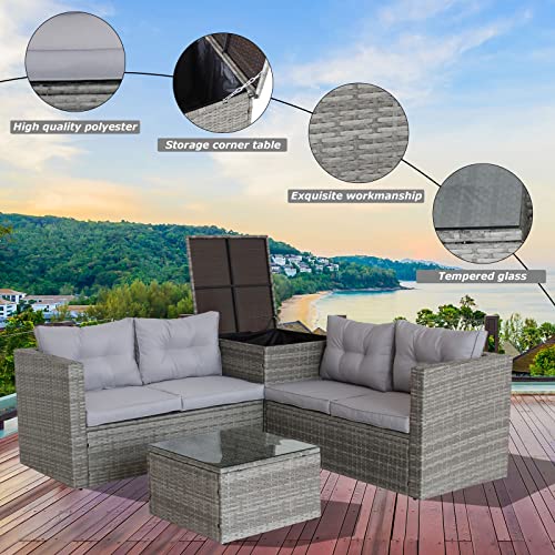 Tensun 4 Piece Rattan Sectional Seating Group,Outdoor Ratten Sofa With Cushions And Table,Patio Conversation Set For Garden Balcony Backyard,Grey #TOP2