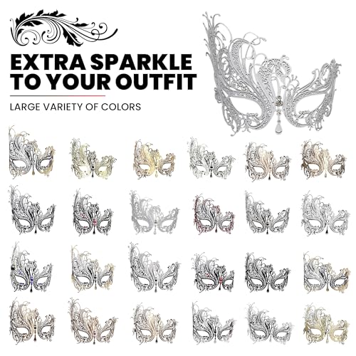 Image of Metal Filigree Masquerade Mask for Women - Swan Style Mask with Rhinestones for Mardi Gras, Prom, Halloween & Venetian Party