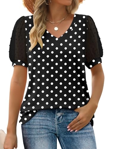 Image of Aokosor Womens Summer Tops V Neck T Shirts Swiss Dot Puff Sleeve Tops Loose Casual Tshirts
