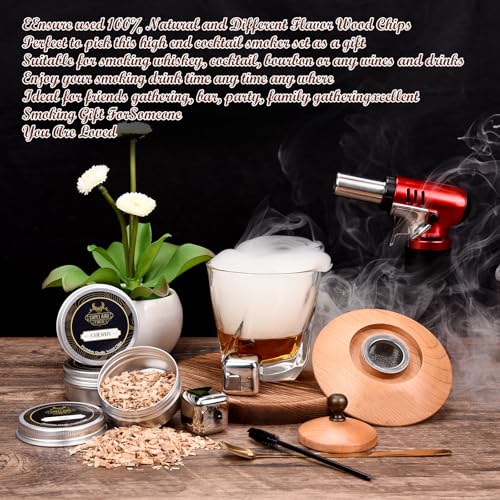 Cocktail Whiskey Smoker Kit, Old Fashioned Drink Smoker Infuser with 4 Wood Chips, Whiskey Smoker Kit with Torch, Gift for Whiskey Cocktail Lover, Men, Dad, Husband, Boyfriend, Friend (No Butane)