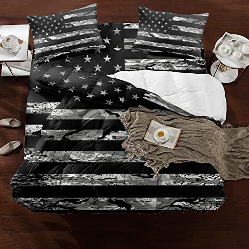 Queener Home Camouflage 4 Pieces Duvet Cover Sheet Set, American Flag Bedding Sets Twin Luxury Soft Bed Quilt Cover Bedspread With Decorative Pillowcases For Teens/Boys/Men Patriotic Black Grey Camo #TOP29