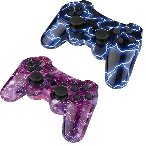 Controllers For Ps3 Playstation 3 Dual Shock, Wireless Bluetooth Remote Joystick Gamepad For Six-Axis With Charging Cable (Pack Of 2, Blueflash And Starrysky) #TOP1