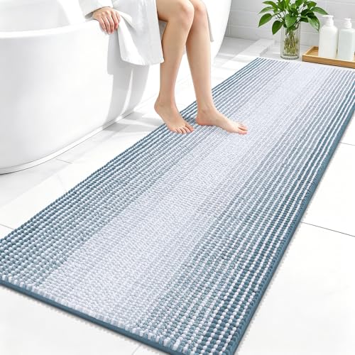 Image of OLANLY Bathroom Runner Rugs 59x24, Chenille Striped Bath Rugs, Airy Blue
