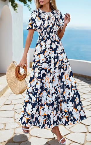 Image of PRETTYGARDEN Women's 2026 Summer Casual Flutter Short Sleeve Boho Floral Maxi Dress Crew Neck Smocked Tiered Long Dresses