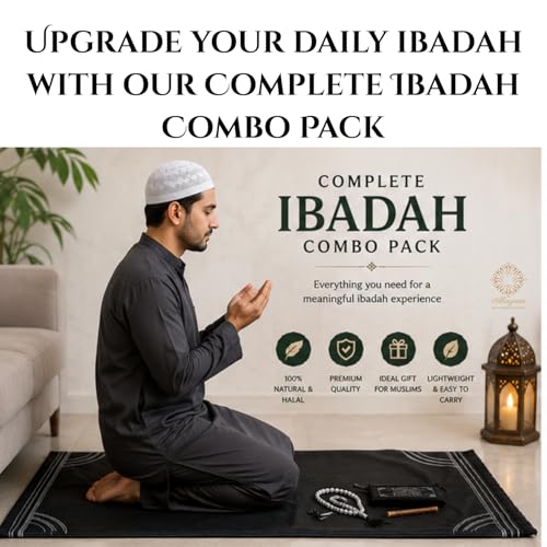Image of Complete Ibadah Combo Pack, Islamic Gift Set with Nylone Safri Janamaz, 99 Beads Allah Mohammad Tasbih, Cotton Topi and Jaitoon Miswak