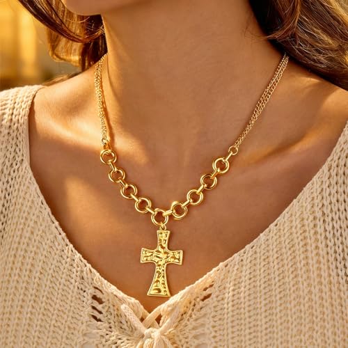 Chunky Cross Necklace for Women 14K Gold Plated Big Cross Pendant Hammered Thick Chain Necklace Statement Faith Jewelry2